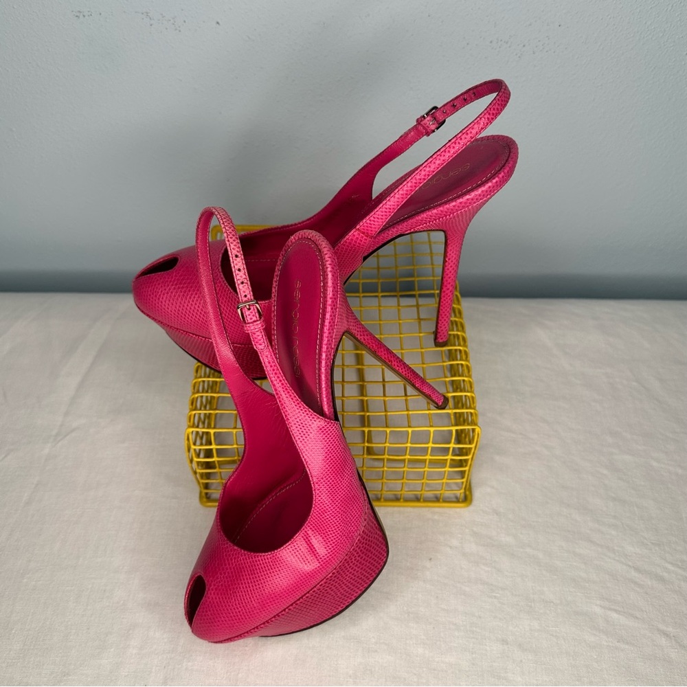 Sergio Rossi Exotic Leather Peep-Toe Slingback Platform Heels